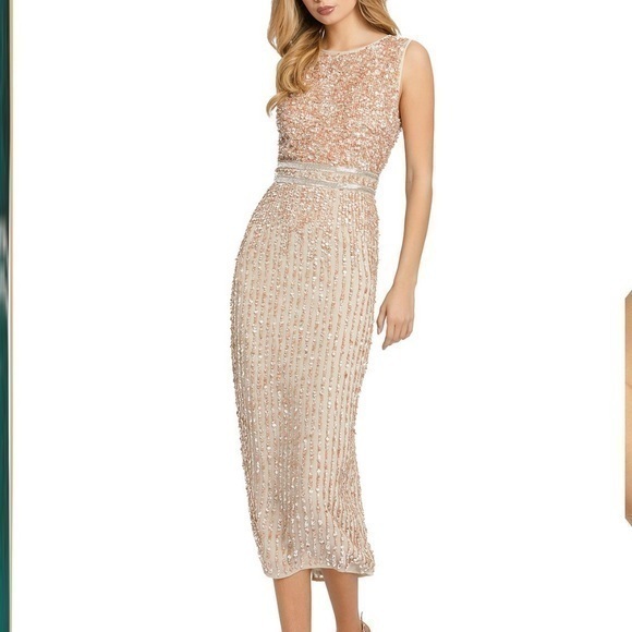 MAC DUGGAL Nude Sequin Sleeveless Midi Sheath Dress - Picture 1 of 16